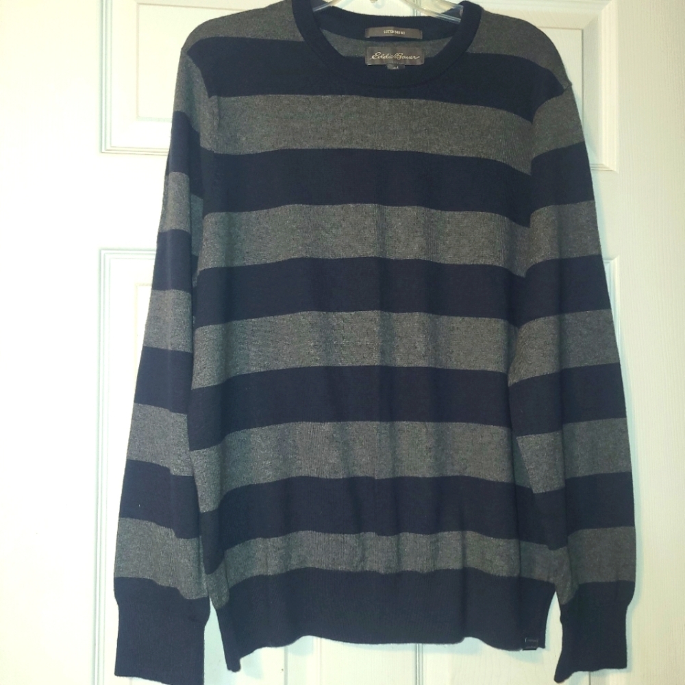 Eddie Bauer Merino Wool Cotton Blend Sweater Men's Size Large Stripes Blue‎ Gray